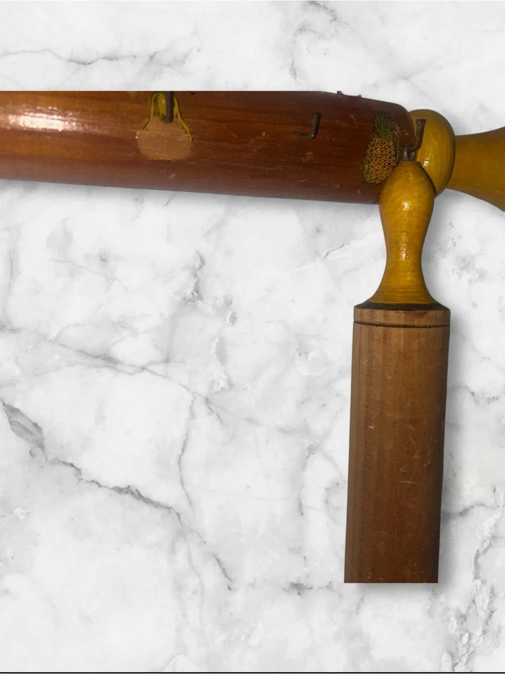 vintage 1940s–1950s wooden rolling pin wall rack and matching rolling pin